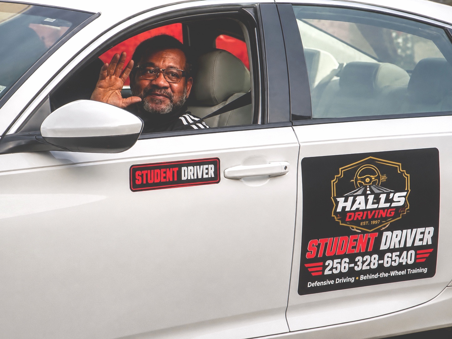 Original Hall's Driving car photo with original sign colors